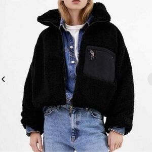ZARA‎ Black Fleece Teddy Bear Cozy Faux Shearling Zip Bomber Jacket